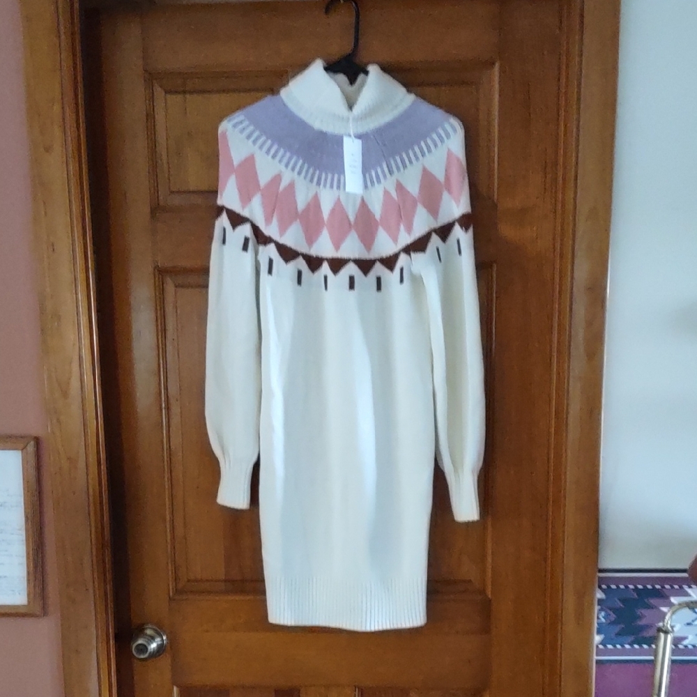 NWT Cozy Cream Knit Dress with Pink and Purple Pattern